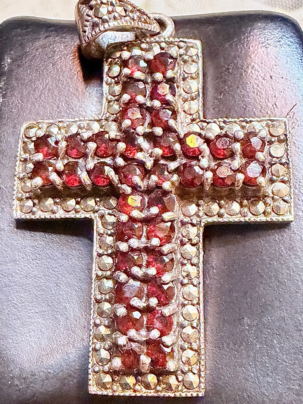 925 Silver Cross Pendant with Red Garnet